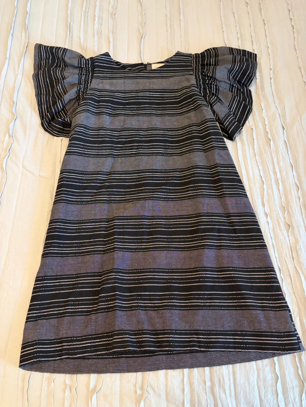 Moon River Black and Gray Striped Flutter Sleeve Dress | Size M